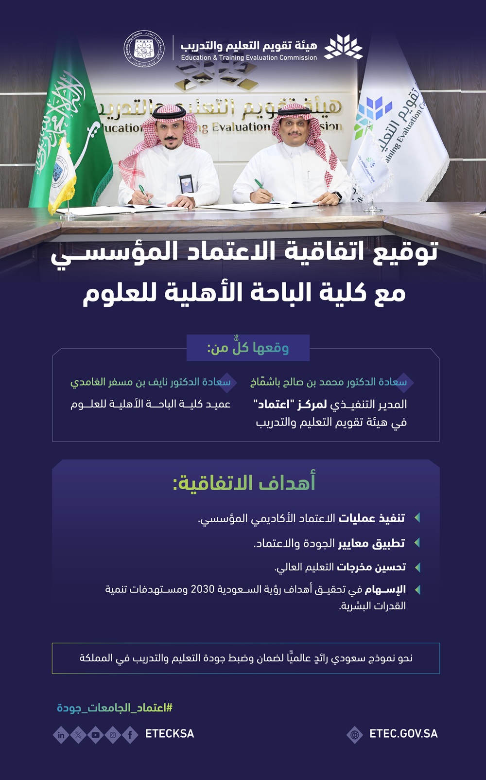 الهيئة توقع اتفاقية اعتماد مؤسسي لكلية الباحة الأهلية للعلوم